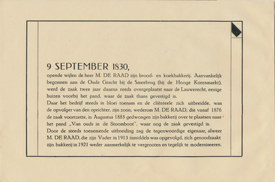 716386-d Pagina 3 (tekstpagina) van het 'Jubileum-Boekje 1830-1930' van de Firma Wed. M. de Raad Mzn., “Van ouds In de ...